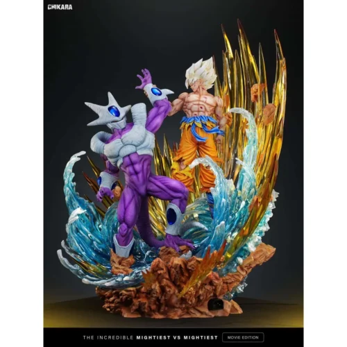"Premium 1/6 Dragon Ball Z resin statue: Super Saiyan Goku intensely battles Cooler. Dynamic LED effects highlight this vibrant, masterfully crafted."