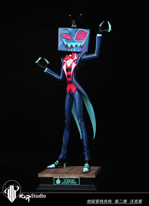 "Exquisite 1/6 scale Hazbin Hotel Vox resin statue, a premium collector's item showcasing the sleek, menacing TV demon in his expressive animated."
