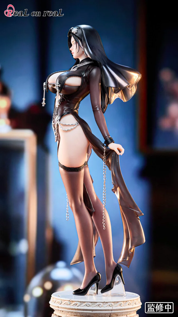 "Gallery showcasing the 1/6 Dark Nun figure by Real on real Studio, highlighting her gothic elegance, sensual sculpt, and unique rub-and-scent feature."