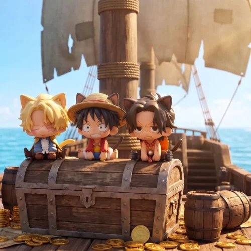"See every detail of the exclusive PEAK Studio One Piece ASL Brothers cat-ear chibi figures. Adorable Luffy, Ace, Sabo statues with playful sculpted."