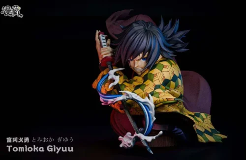 "Stoic Giyu Tomioka 1/1 Bust Statue by Manzang Studio, showcasing breathtaking dynamic water effects. A premium Demon Slayer collectible."