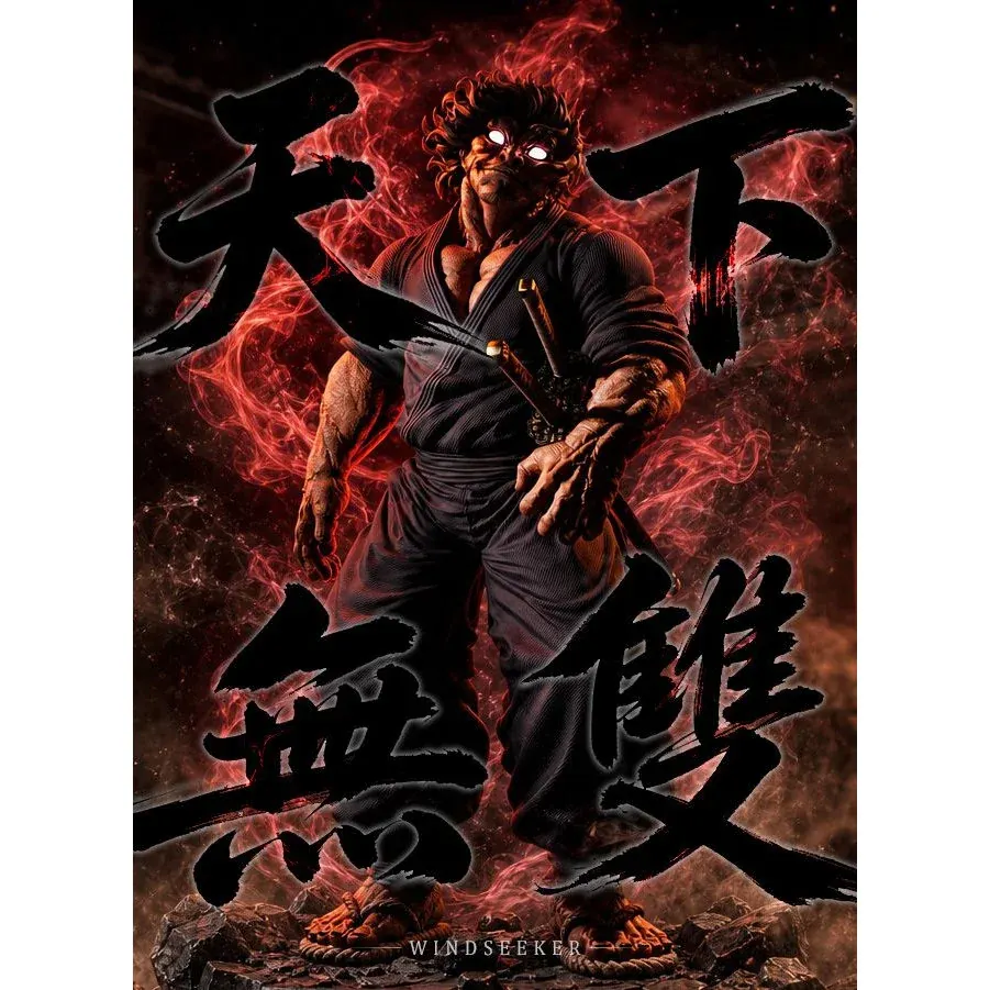 "Dynamic Miyamoto Musashi 1/4 & 1/6 scale Baki statue by Windseeker Studio, showcasing dual head sculpts and Niten Ichi-ryƫ poses from multiple angles."