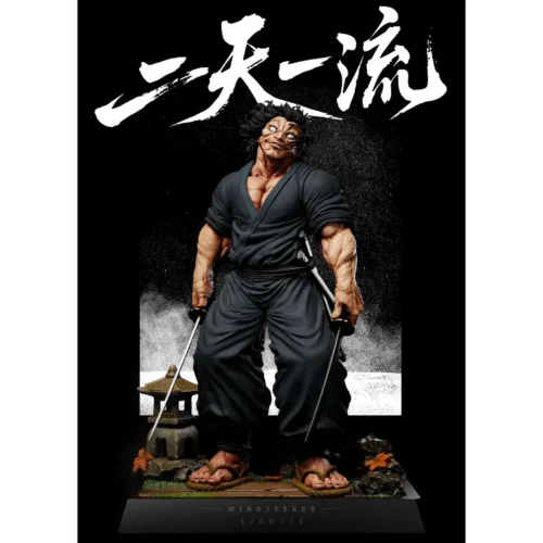 "Windseeker Studio 1/6 & 1/4 Miyamoto Musashi Baki statue. Dynamic Niten Ichi-ryū and dual head sculpts, showing all angles detail."