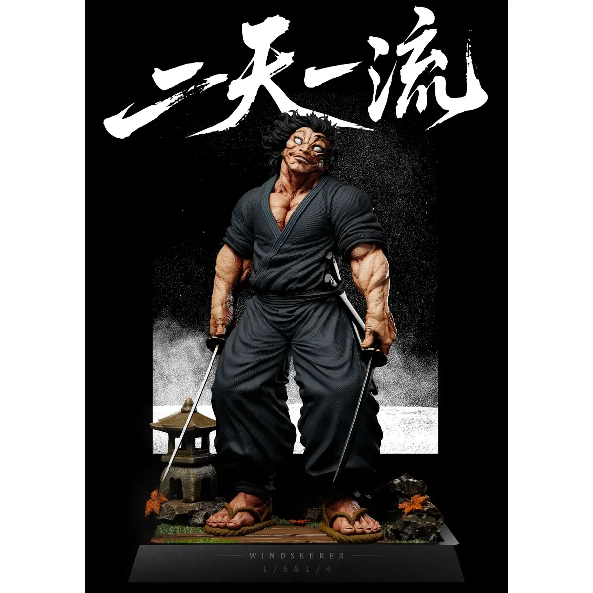 "Windseeker Studio 1/6 & 1/4 Miyamoto Musashi Baki statue. Dynamic Niten Ichi-ryƫ and dual head sculpts, showing all angles detail."