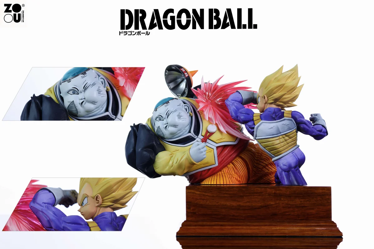 "Premium Dragon Ball Z Vegeta vs Android 19 LED battle diorama statue, capturing intense desert combat with vibrant energy effects."