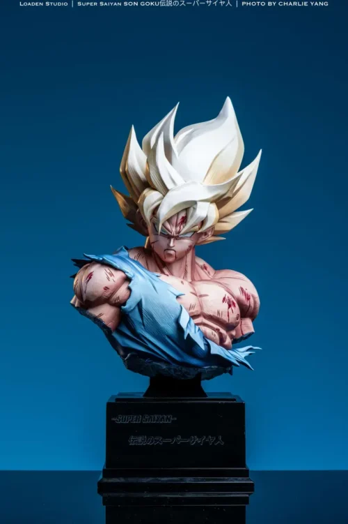 "Limited edition 1/3 Super Saiyan Goku bust by LoaDen Studio. High-detail Dragon Ball Z collectible showcasing his iconic power."