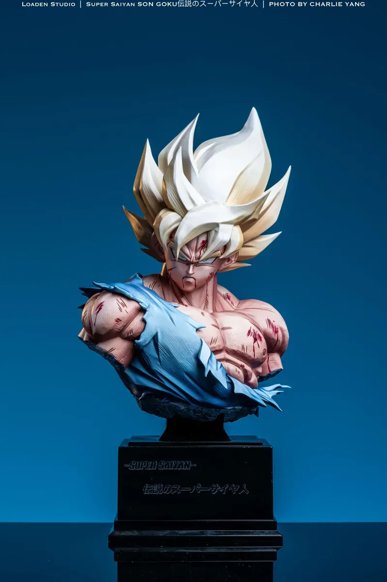 "Limited edition 1/3 Super Saiyan Goku bust by LoaDen Studio. High-detail Dragon Ball Z collectible showcasing his iconic power."