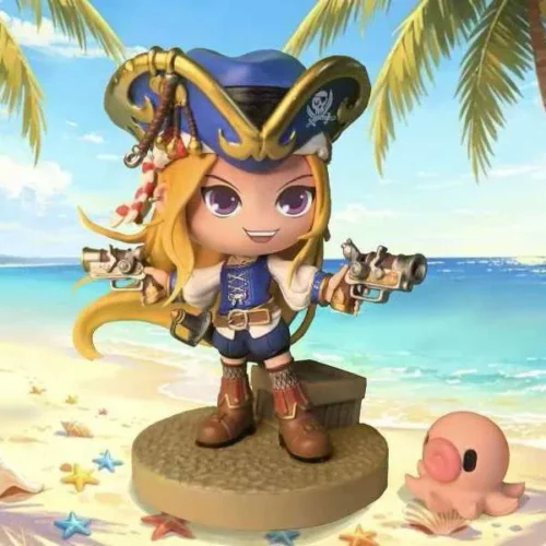 "Iconic MapleStory Musketeer Female Pirate Captain chibi-style resin statue, dynamically posed with her playful octopus, showcasing premium craft."