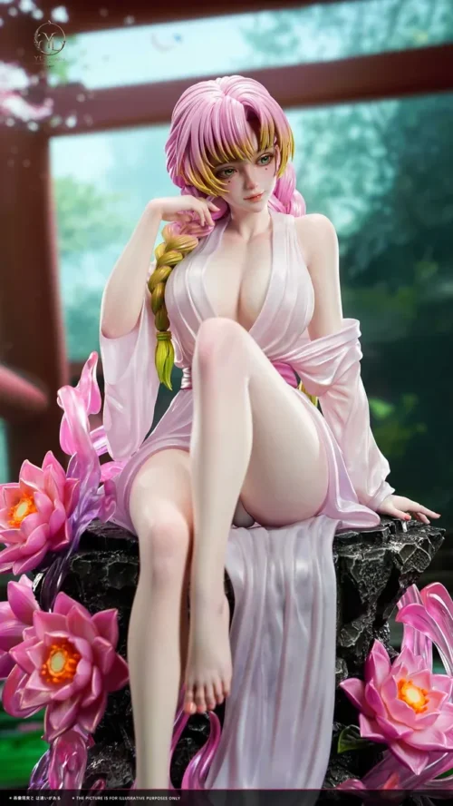 "Premium 1/4 scale Mitsuri Kanroji Demon Slayer resin statue by YL Studio. Views show dynamic pose, vibrant outfit, elegant floral base."