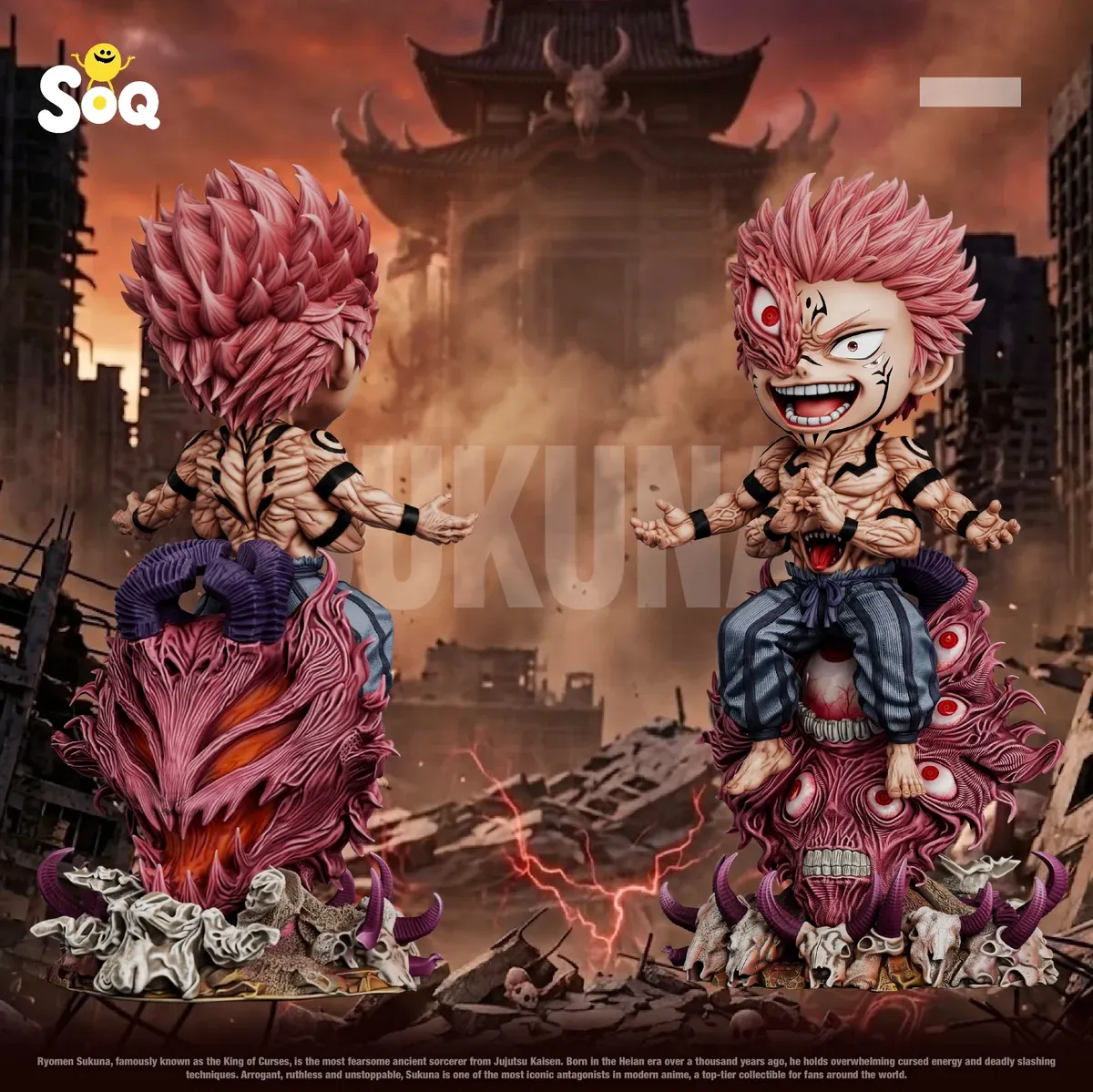 "Detailed Q-version Ryomen Sukuna 2.0 Jujutsu Kaisen resin statue, displaying intricate sculpted details and commanding sitting pose from various."