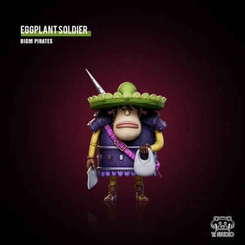 "A quirky, vibrant purple One Piece Eggplant Soldier Big Mom Homie statue in a dynamic pose, showcasing its playful design."