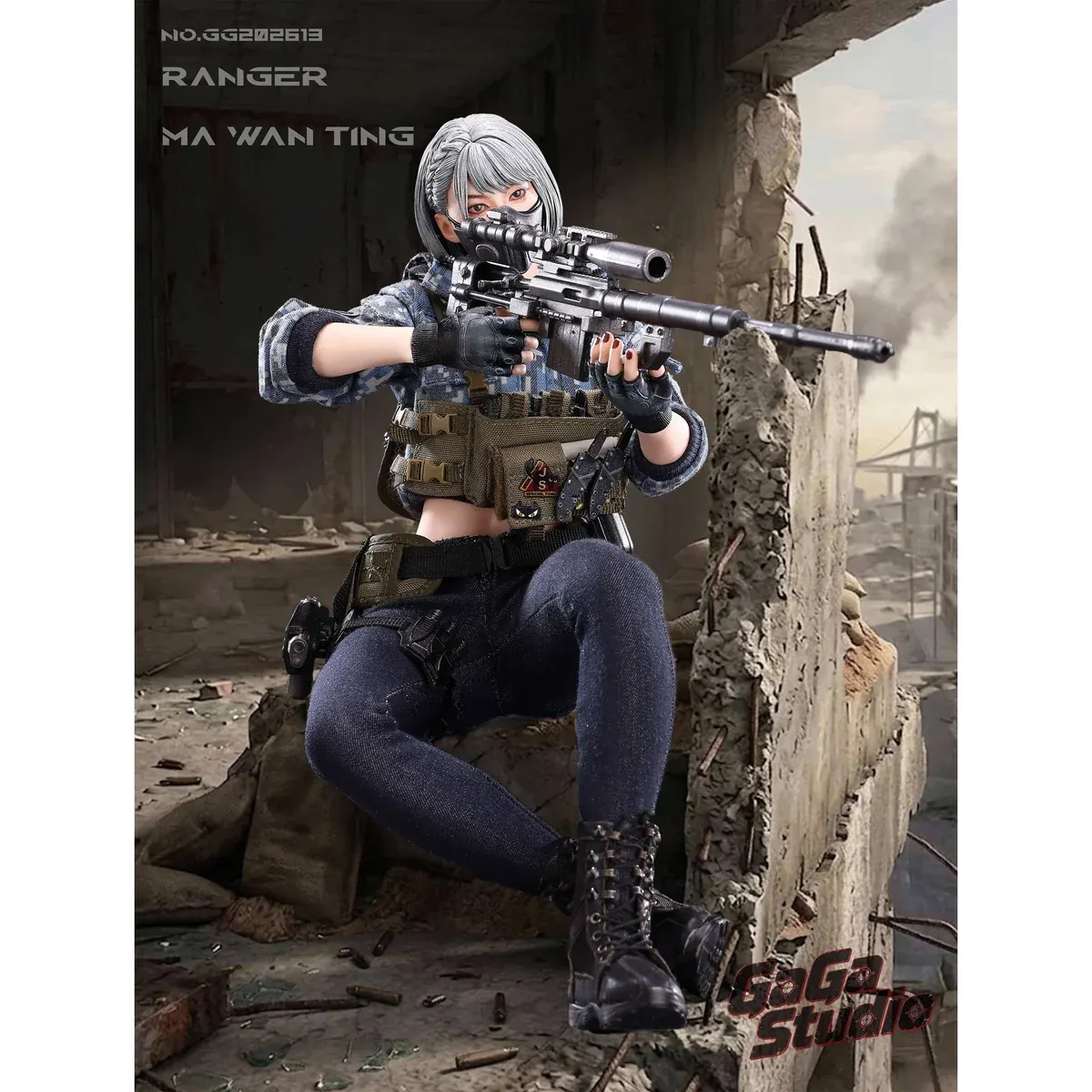 "A premium 1/6 GaGa Studio Ma Wan Ting Ranger action figure showcasing hyper-realistic articulation and extensive tactical weaponry in a gritty."
