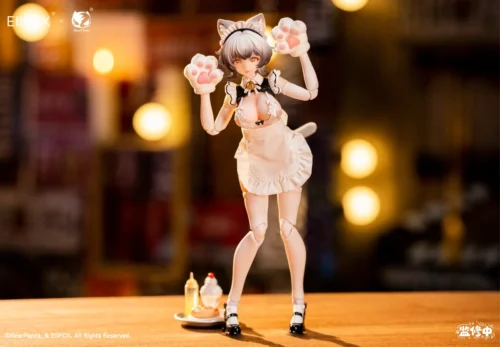 "Adorable EIIFOX x BearPanda Little Pudding cat-maid anime figure. Highly articulated and customizable with charming food accessories."