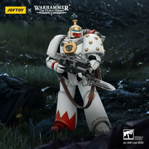 "Authentic JOYTOY Warhammer 40K 1/18 White Scars Tactical Legionary articulated figure, showcasing weathered grimdark power armor and intricate detail."