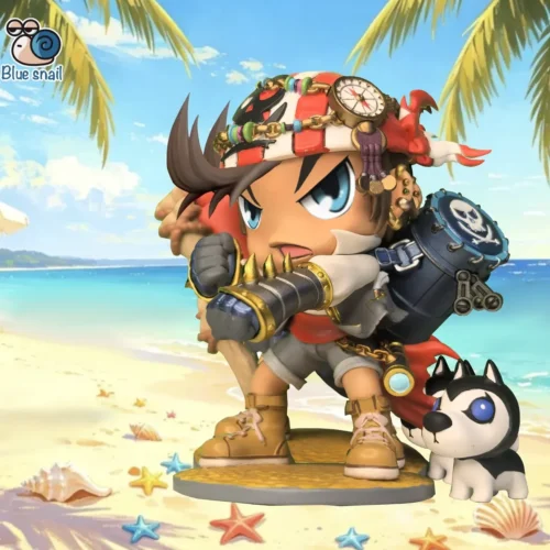 "Playful chibi MapleStory Viper Striker statue by Blue Snail Studio, showcasing dynamic action pose with dog from various angles."