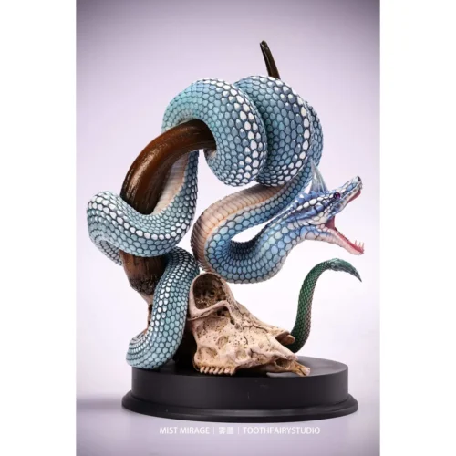 "TOOTHFAIRYSTUDIO Crystal Horned Serpent fantasy statue, original design. Exquisite, ethereal, flowing serpentine form shown from multiple artistic."