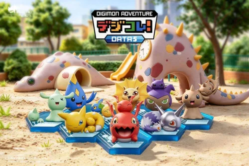 "Main image: complete set of 8 charming Digimon infant figures & baby forms on a playful playground diorama. A nostalgic Digimon statue."
