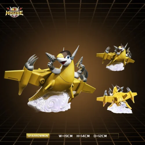 "X7-House Studio Sparrowmon Digimon Statue. Exclusive limited edition. Dynamic robotic bird, intricate details, vibrant action pose multiple angles."