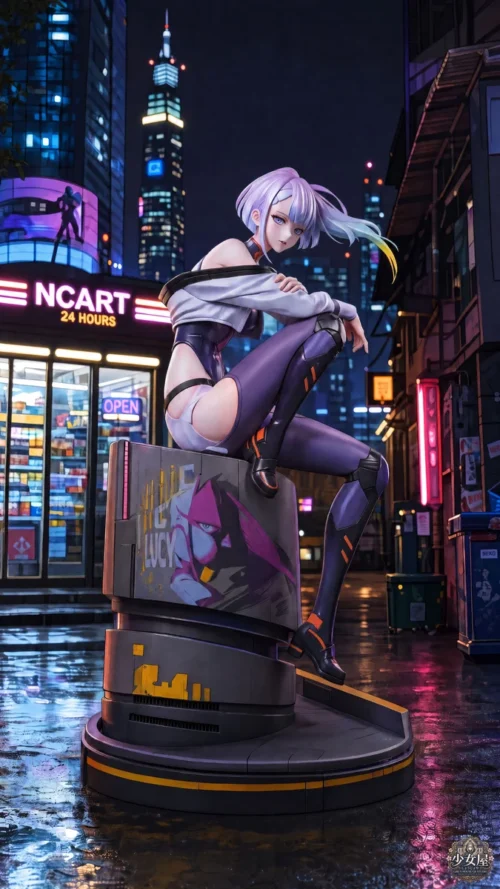 "Premium Cyberpunk Lucy statue from Edgerunners by Girl's House Studio, featuring dynamic pose and intricate details. An exclusive collectible resin."