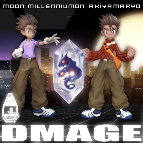 "Dynamic Digimon Adventure 02 Ryo Akiyama resin statue featuring dual outfits and a mystical, crystal-sealed Moon Millenniummon by JBS Kibansha.“