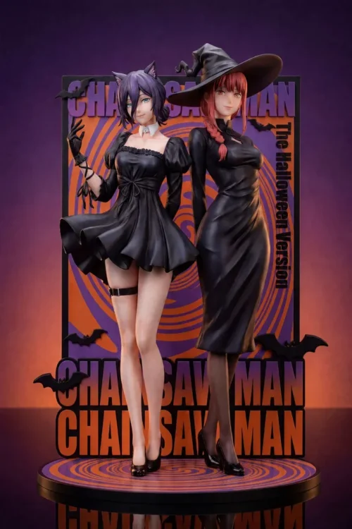 "Exclusive Halloween Limited Edition Chainsaw Man statue showcasing Makima and Reze in a dynamic, alluring duo pose with dark, festive costumes."