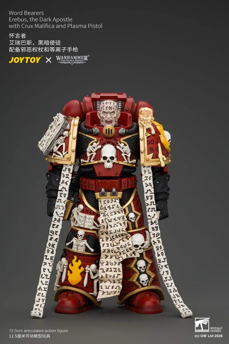"JOYTOY Warhammer Horus Heresy Word Bearers Sgt & Erebus. Articulated grimdark armor with intricate details, various angles."