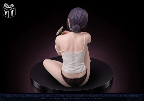 "Exclusive 1/6 Reze (Sitting) Chainsaw Man resin statue by YI-Studio, showcasing intricate details and dynamic pose from various angles."