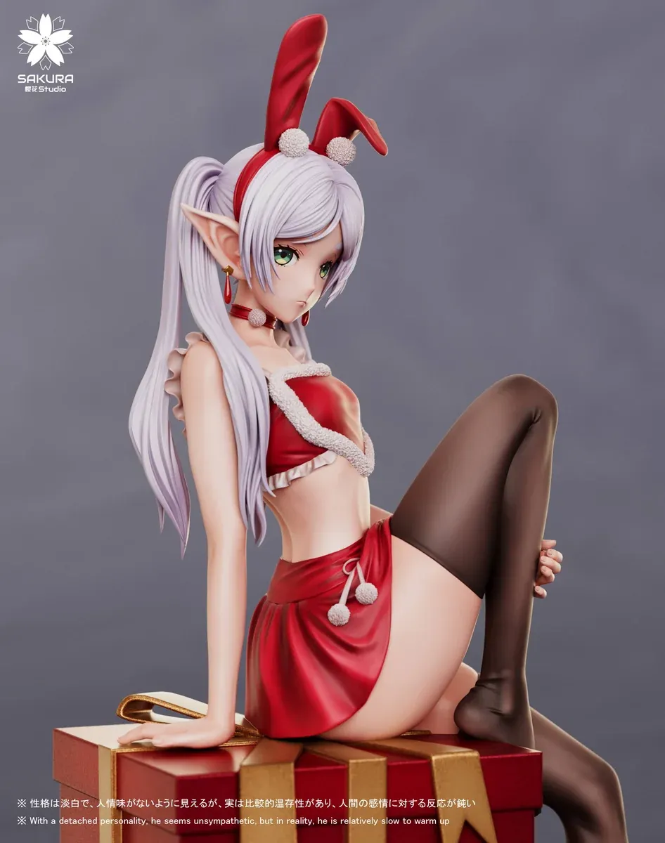 "Detailed view of the exclusive 1/6 Christmas Frieren figure from Sakura Studio, showcasing the premium resin and intricate festive Santa outfit."