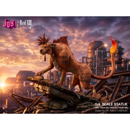 "Fierce 1/4 Red XIII Final Fantasy VII resin statue in a dynamic pose on a detailed rocky base, featuring its captivating light-up tail."