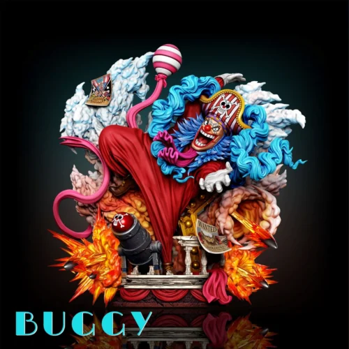 "Iconic Buggy the Clown One Piece statue by A+ Institute Studio, featuring a dynamic action pose amidst explosive powers and premium sculpt detail."