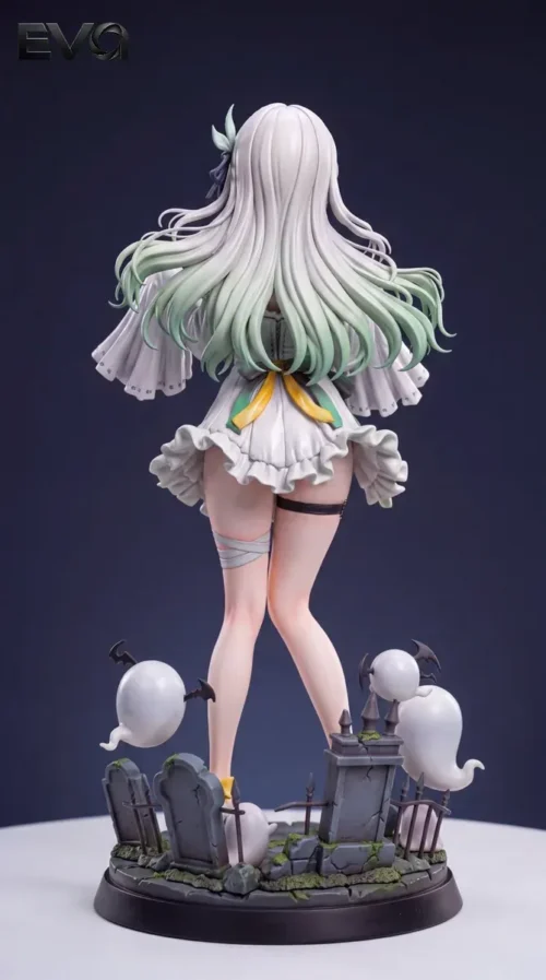 "Exclusive 1/6 Firefly Honkai Star Rail Halloween Ghost statue. Whimsical costume, playful ghosts, intricate sculpt from all angles in a graveyard."