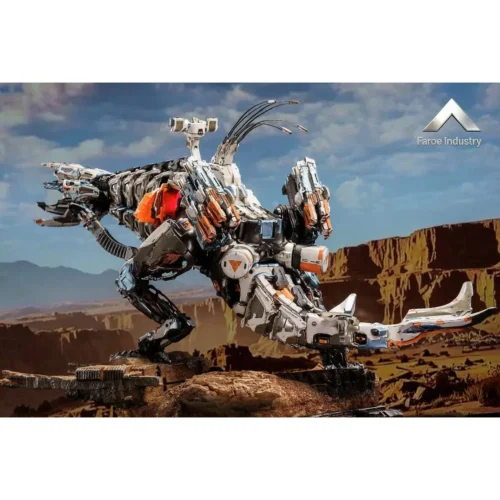 "Colossal Thunderjaw collectible statue from Horizon Zero Dawn by Faroe Industry Studio, showcasing intricate mechanical details and dynamic."