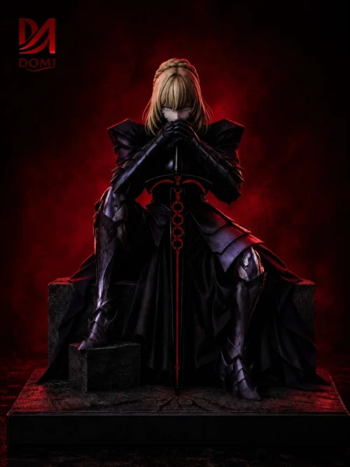 "Limited Edition 1/6 Saber Alter resin statue. Dark Artoria Pendragon in a dynamic, corrupted knight pose, embodying an artistic dark fantasy aura."