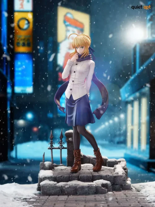 "Premium 1/6 Altria Pendragon Saber Fate statue, exquisitely detailed, portraying iconic Saber in a flowing white gown with serene winter elegance."