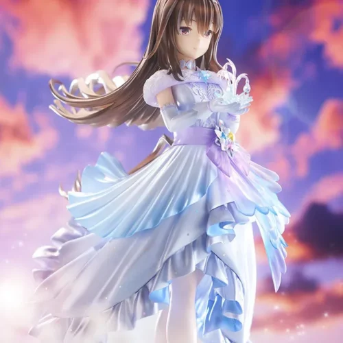 "Glacialis Vega Uma Musume figure gallery. Exquisite design, dynamic pose, flowing white gown, and crystal base. Multiple angles reveal ethereal."