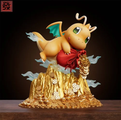 "Premium FA-studio Lucky Dragonite resin statue holding an auspicious lucky bag atop a golden mountain of fortune, embodying unique charm."