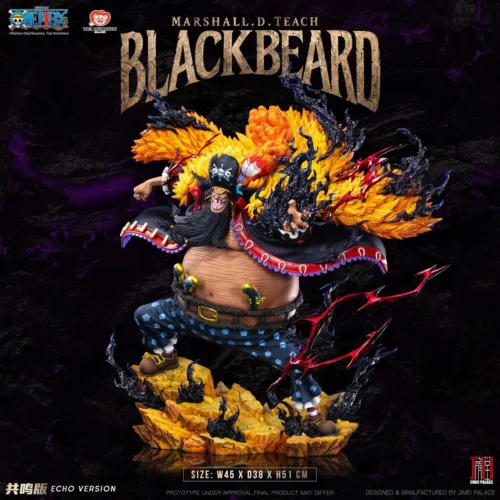 "Official 1/6 One Piece Blackbeard resin statue. Multiple angles reveal intricate sculpting, dynamic destructive power, and smoky effects."
