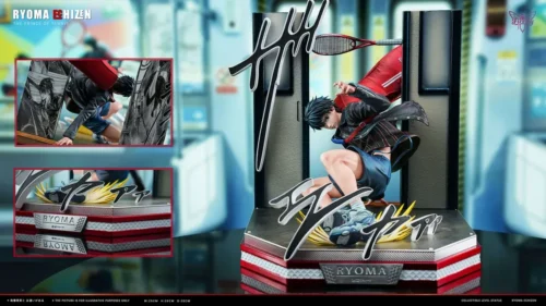 "Limited Edition 1/6 Ryoma Echizen statue from The Prince of Tennis, showcasing dynamic tennis action and fierce determination mid-swing."