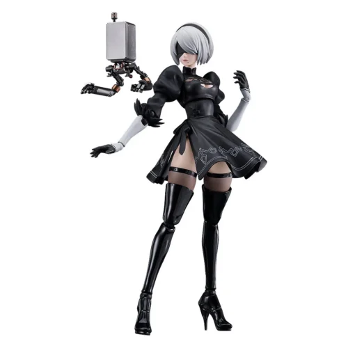 "NieR Automata 2B figma by Max Factory, showcasing the highly articulated android in an iconic dynamic pose with her katana, capturing her premium."