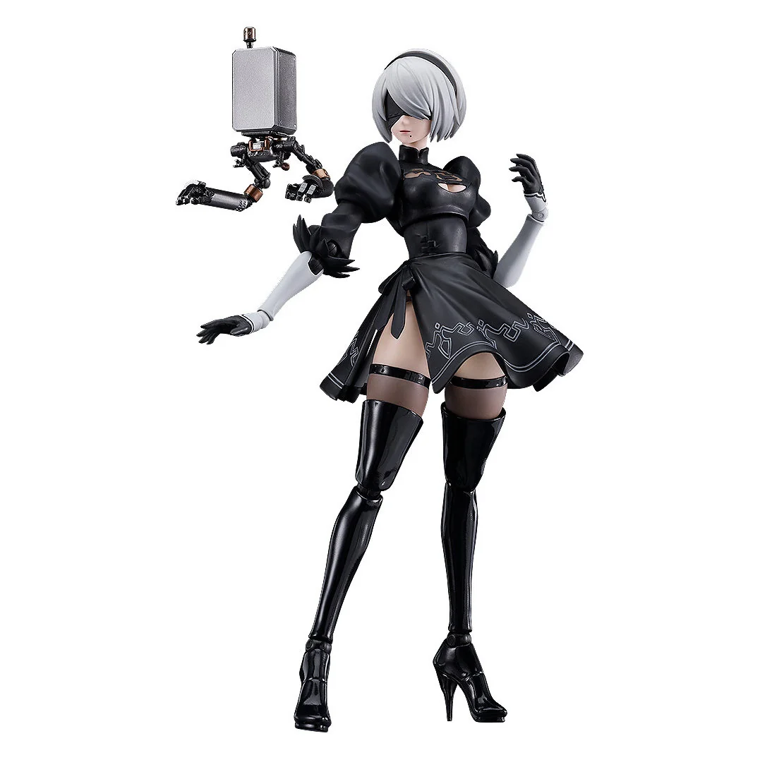 "NieR Automata 2B figma by Max Factory, showcasing the highly articulated android in an iconic dynamic pose with her katana, capturing her premium."