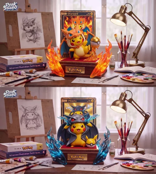 "Limited Edition 1/6 Pikachu Charizard Fusion Pokemon resin statue. Adorable Pikachu wears a majestic Charizard cape with dynamic blue flame effects."