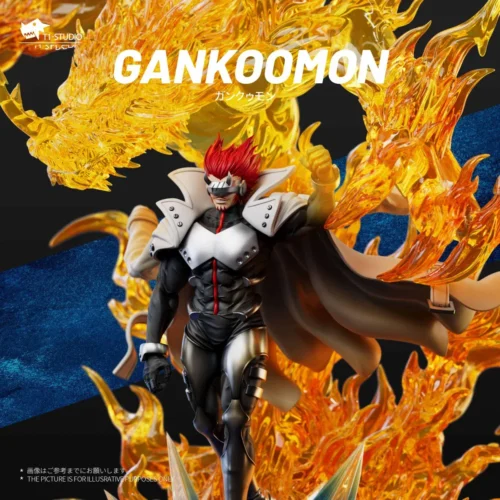 "Dynamic T1 Studio Gankoomon Royal Knight Digimon resin statue. Multiple detailed images highlight its powerful pose, fiery effects, and intricate."