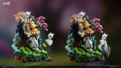 "Close-up of Zoldyck Studio's 1/6 Tomoe & Nanami Kamisama Kiss resin statue, showing intricate details, LED light-up, and interchangeable heads."