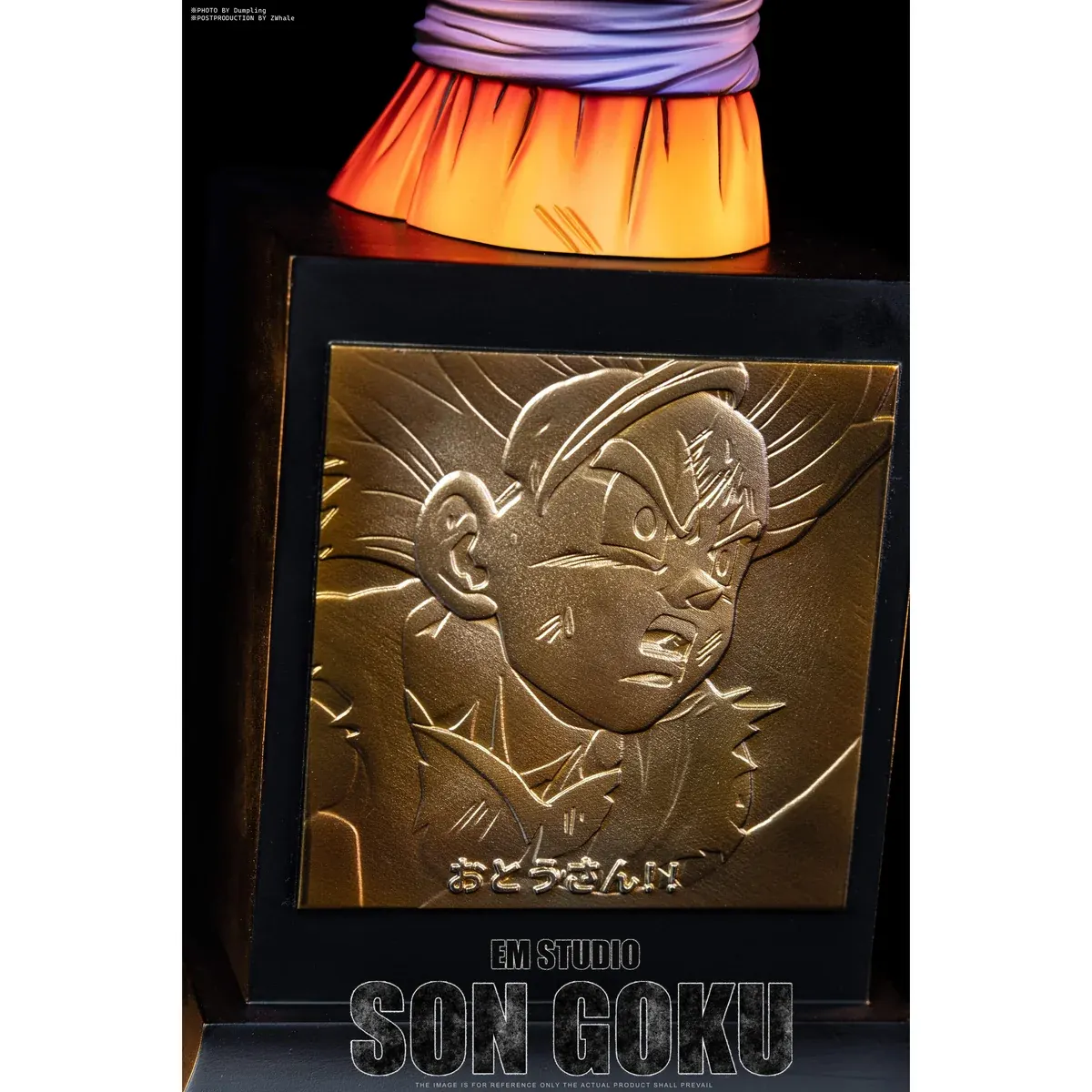 "Limited Edition 1/5 scale EM Studio Goku Bust statue showcasing dynamic Super Saiyan Instant Transmission pose from multiple angles with energy."