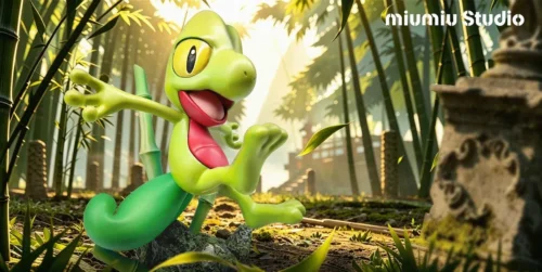 "Exclusive Miumiu Studio Treecko figure captured in a peaceful, natural setting, showcasing the playful Pokémon in stunning detail."