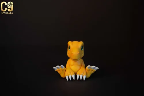 "Premium C9 Studio Agumon Digimon Adventure statue in multiple scales, captured from various angles to reveal dynamic poses and exquisite details."