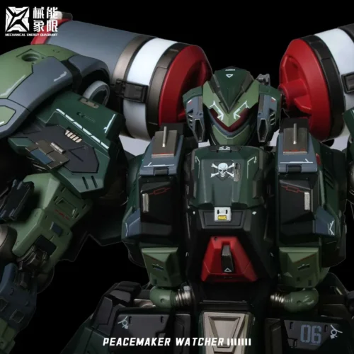 "Cease-Fire Watcher Green Original Mecha Resin Statue: Limited Edition, intricate armor, vibrant green, powerful weaponry, detailed angles."