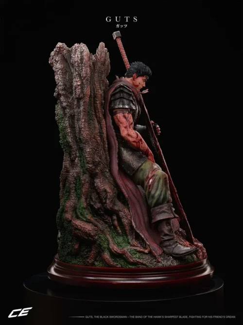 "Epic 1/4 Berserk Guts Black Swordsman resin statue leaning against a tree. Unparalleled detail captures his iconic, battle-hardened essence."
