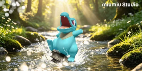 "Playful 1/10 scale Totodile Pokémon statue by Miumiu Studio, featuring the relaxed figure in a serene, natural setting."