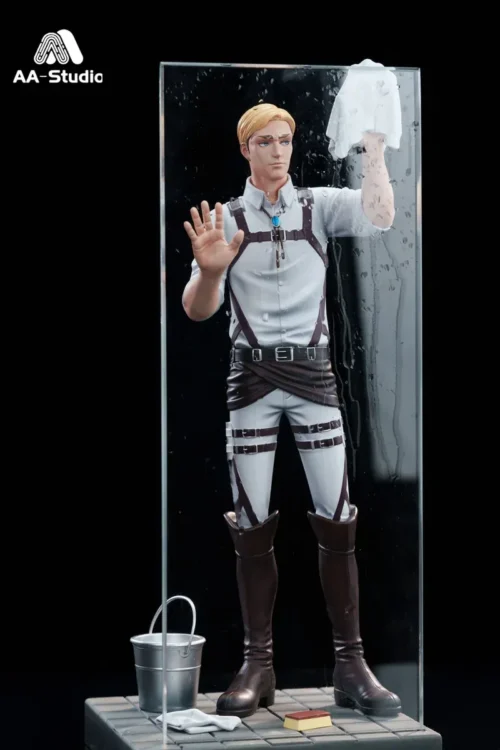 "Premium AA Studio Levi & Erwin Attack on Titan resin statue, showcasing detailed angles of the humorous 'Wiping Glass' scene with realistic props."